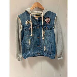 Forever 21 distressed jean hooded jacket with patchwork detail Medium